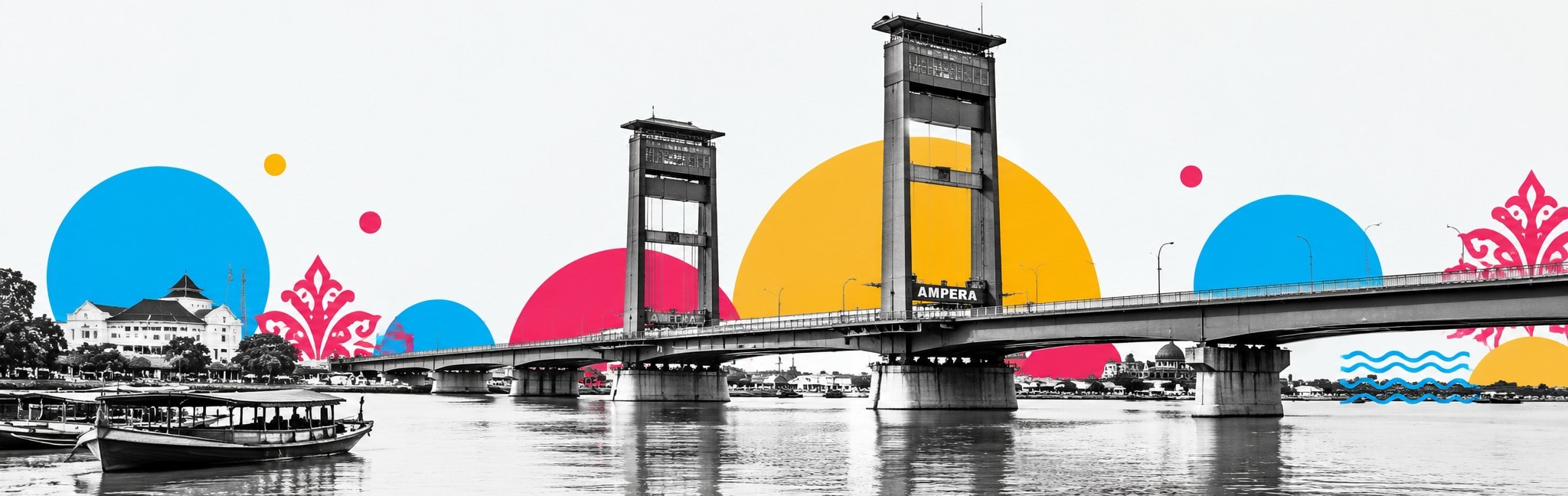 Ilustrasi Jembatan Ampera di atas Sungai Musi, Palembang, dengan perahu dan ornamen songket